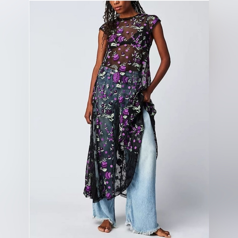 Free People Black and Purple Floral Midi Dress